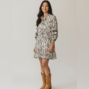 LC Lauren Conrad Boho Floral Dress Size L Velvet Trim Button Front